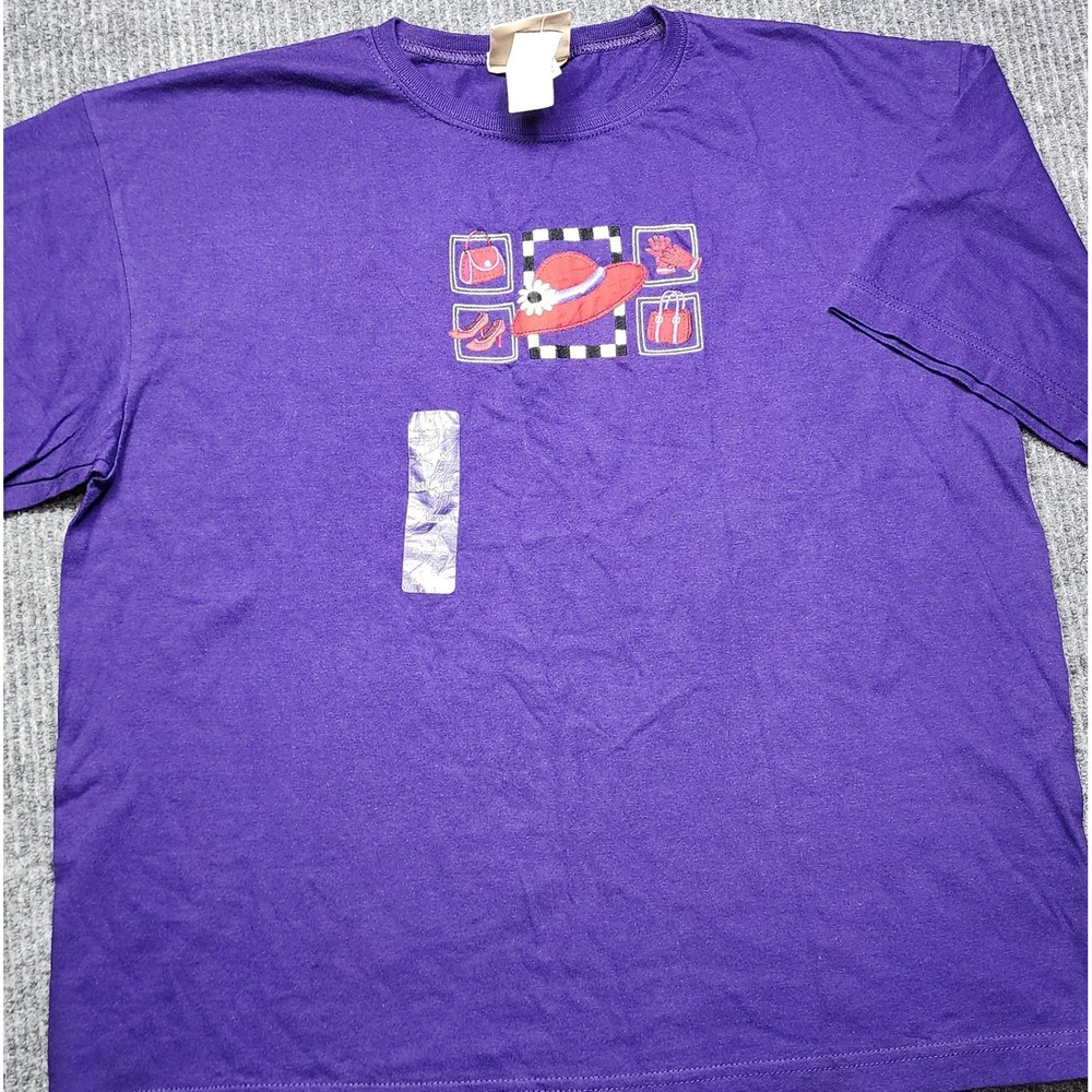 Vintage Top Stitch Morning Sun Red Hat Society Style Purple Embroidered Tee XL